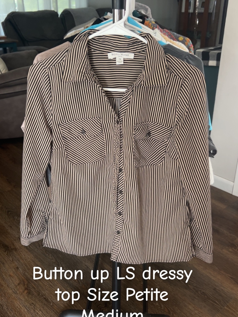 Studio Works Brown and White Vertical Stripe Button-Down Shirt
